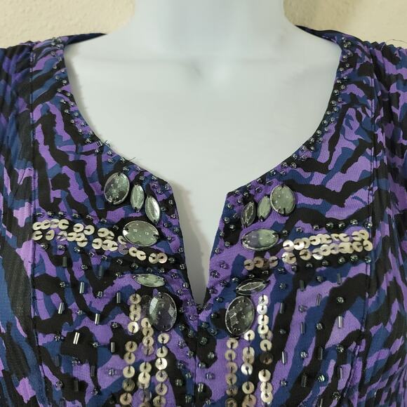 Maggie Barnes Purple Black Accordion Pleat Beaded Bodice Top 16W Lightweight - Picture 2 of 6